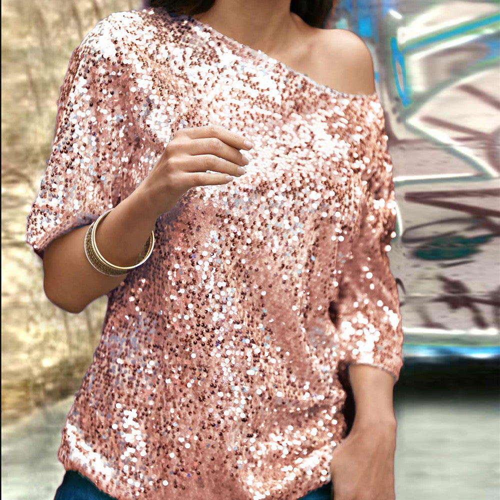 Top femme à paillettes – Coupe décontractée – Épaules dénudées – Manches mi-longues