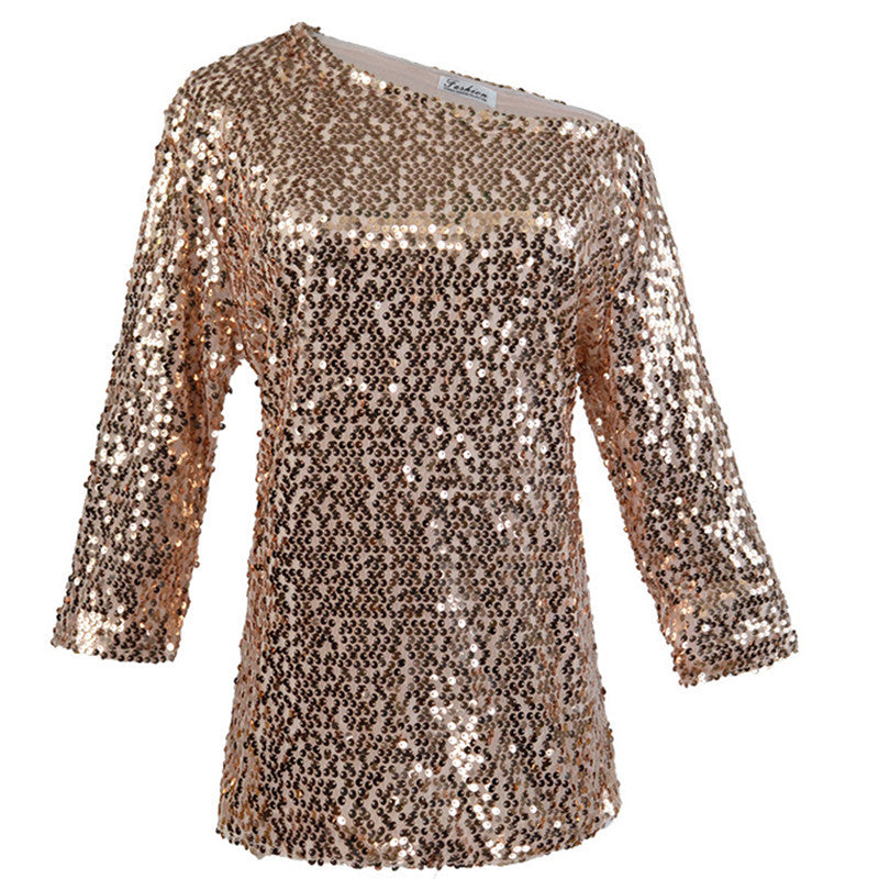 Top femme à paillettes – Coupe décontractée – Épaules dénudées – Manches mi-longues