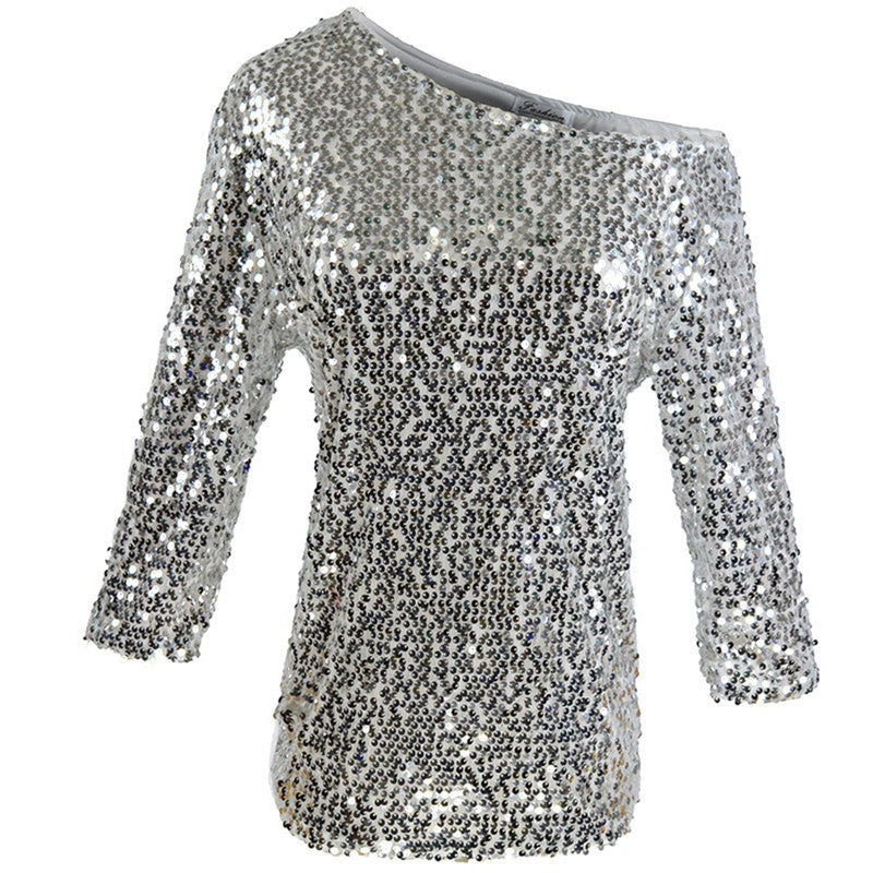 Top femme à paillettes – Coupe décontractée – Épaules dénudées – Manches mi-longues
