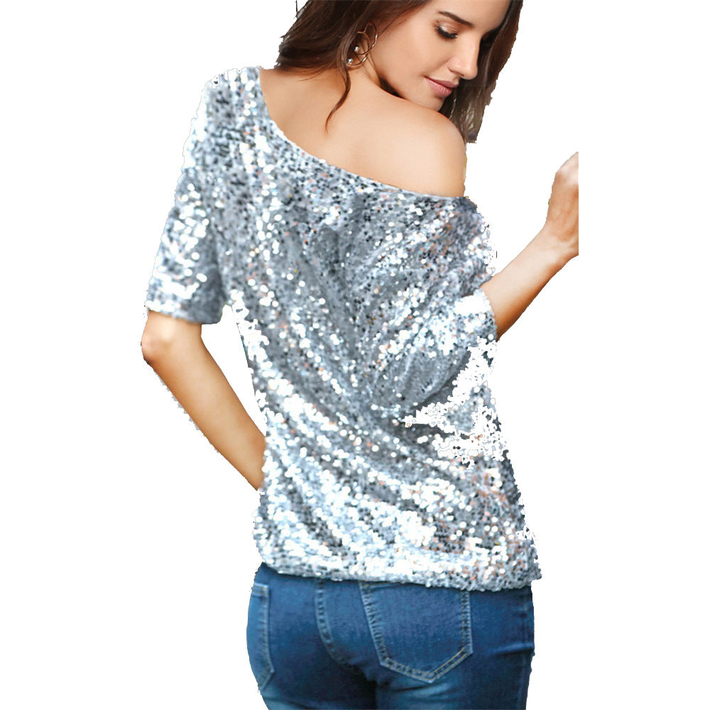 Top femme à paillettes – Coupe décontractée – Épaules dénudées – Manches mi-longues