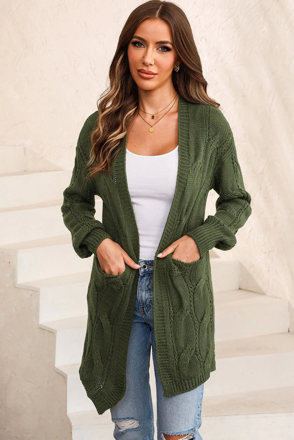 Femme Gilet Tricot Ouvert – Maille Texturée – Coupe Ample – Manches Longues – Poches Pratiques