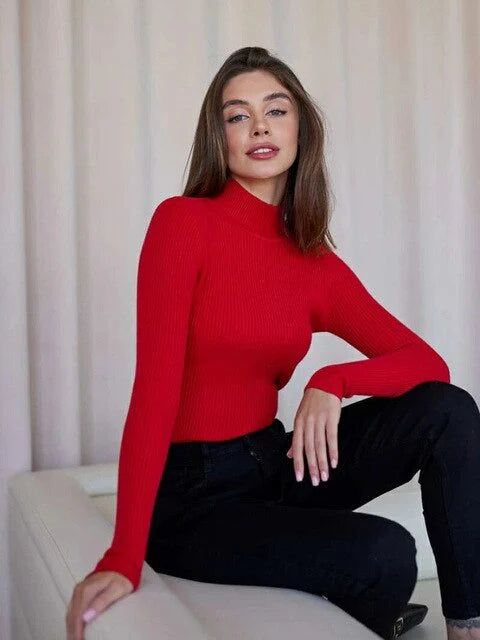 Femme Pull Col Roulé – Maille Côtelée – Coupe Ajustée – Manches Longues Élégantes