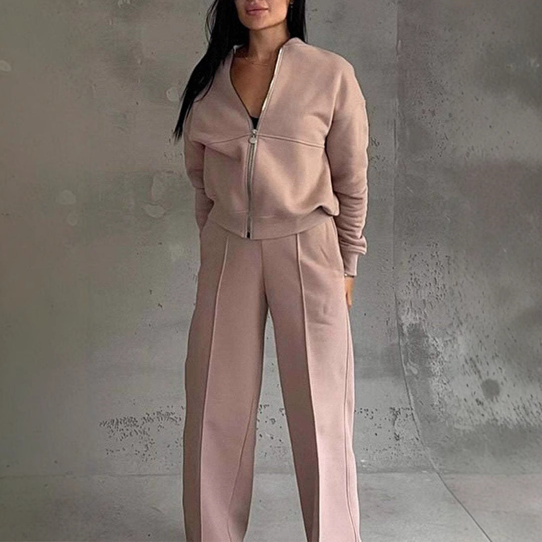 Ensemble Décontracté Femme - Veste Zippée Col Rond - Pantalon Taille Haute Coupe Large