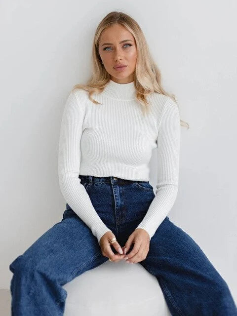 Femme Pull Col Roulé – Maille Côtelée – Coupe Ajustée – Manches Longues Élégantes