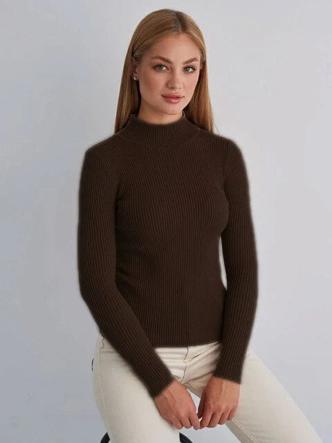 Femme Pull Col Roulé – Maille Côtelée – Coupe Ajustée – Manches Longues Élégantes
