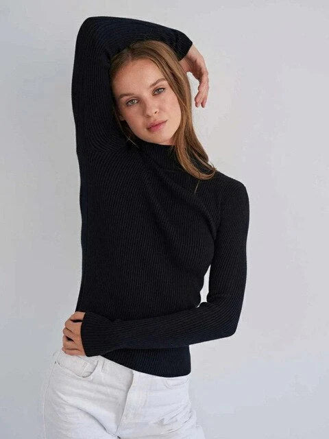 Femme Pull Col Roulé – Maille Côtelée – Coupe Ajustée – Manches Longues Élégantes