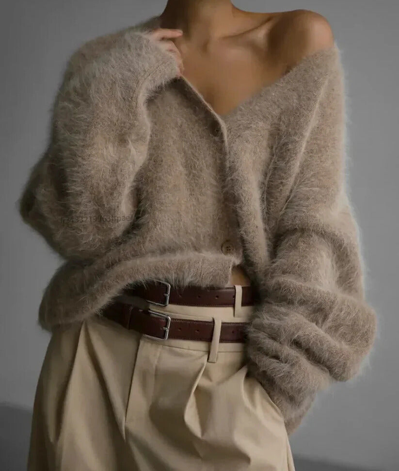 Cardigan Femme Oversize - Matière Duveteuse - Coupe Ample - Col V - Boutonné Casual