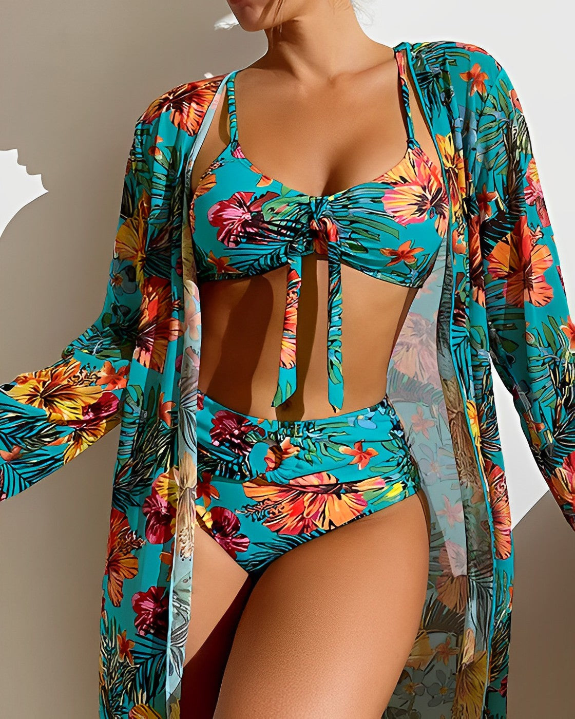 Maillot de bain femme 3 pièces – Taille haute – Haut réglable – Kimono fluide