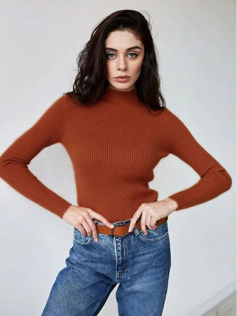 Femme Pull Col Roulé – Maille Côtelée – Coupe Ajustée – Manches Longues Élégantes