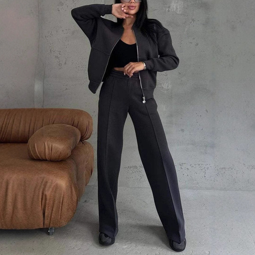 Ensemble Décontracté Femme - Veste Zippée Col Rond - Pantalon Taille Haute Coupe Large