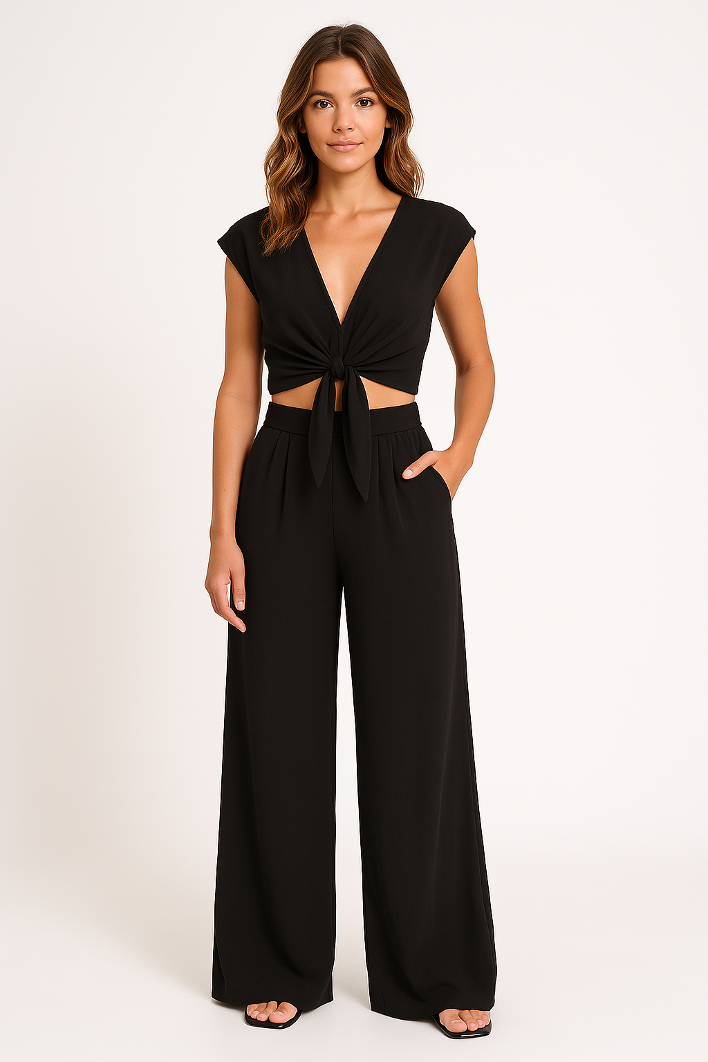 Ensemble Femme Deux Pièces – Haut Court Noué Col V – Pantalon Taille Haute Jambe Large