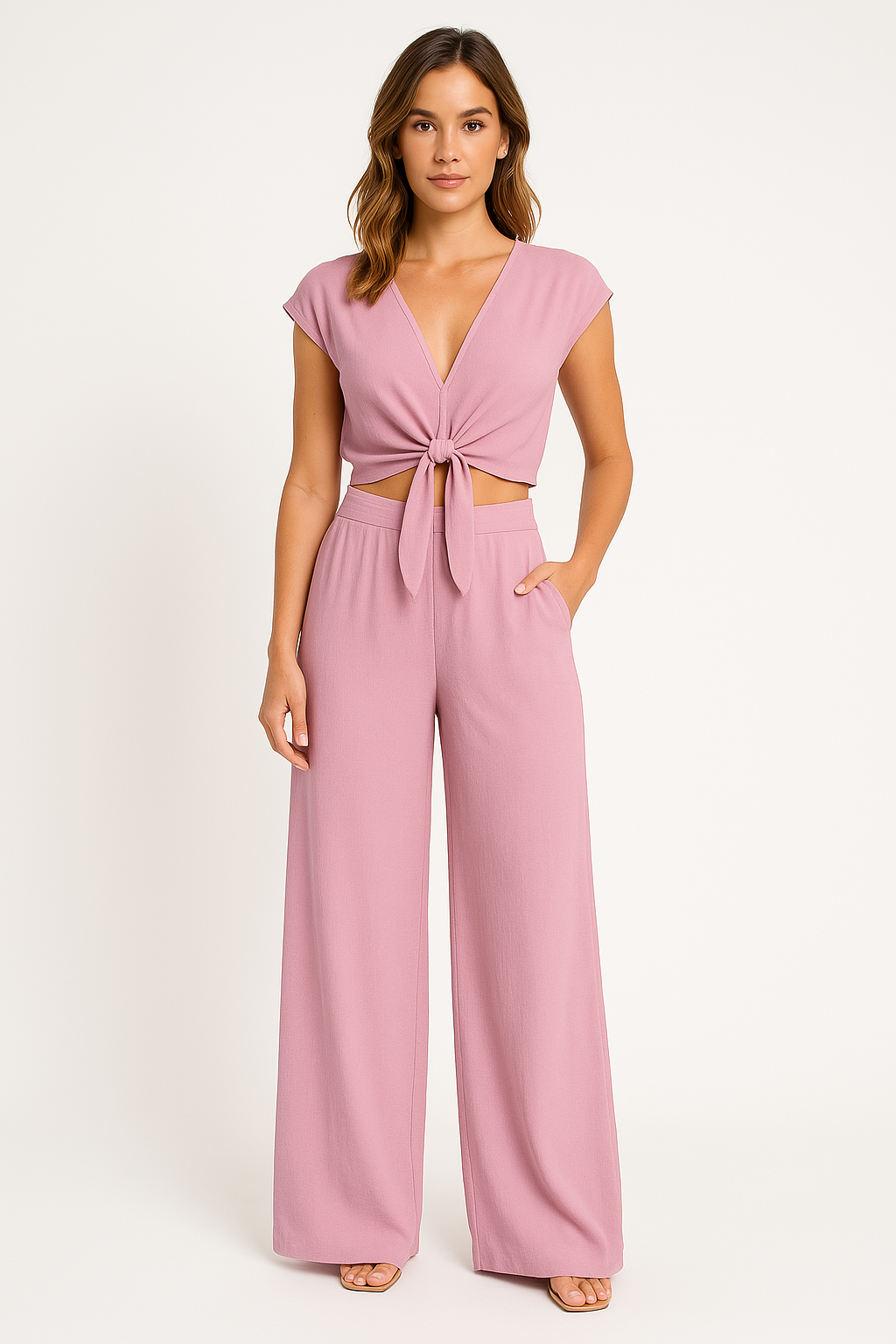 Ensemble Femme Deux Pièces – Haut Court Noué Col V – Pantalon Taille Haute Jambe Large
