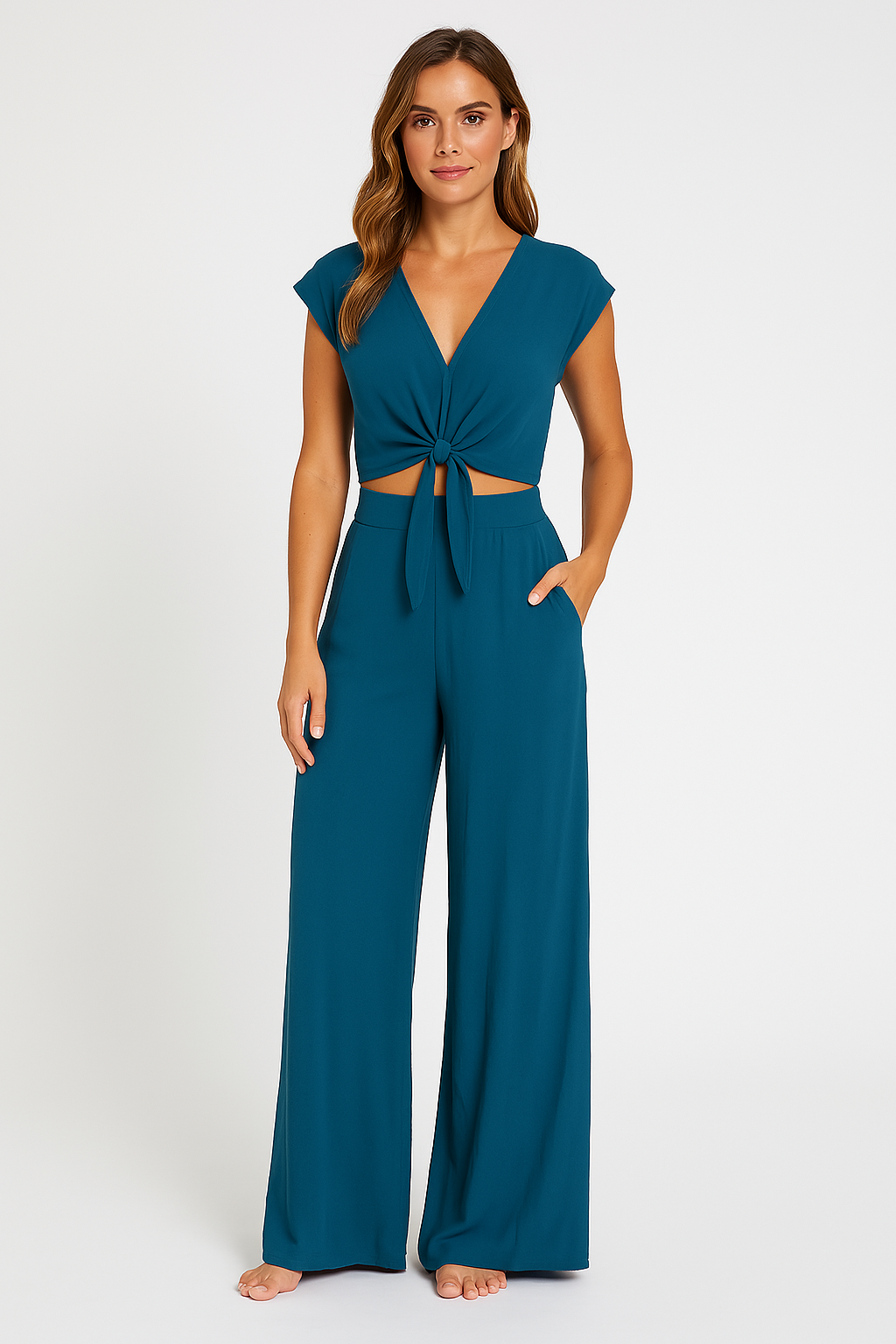 Ensemble Femme Deux Pièces – Haut Court Noué Col V – Pantalon Taille Haute Jambe Large