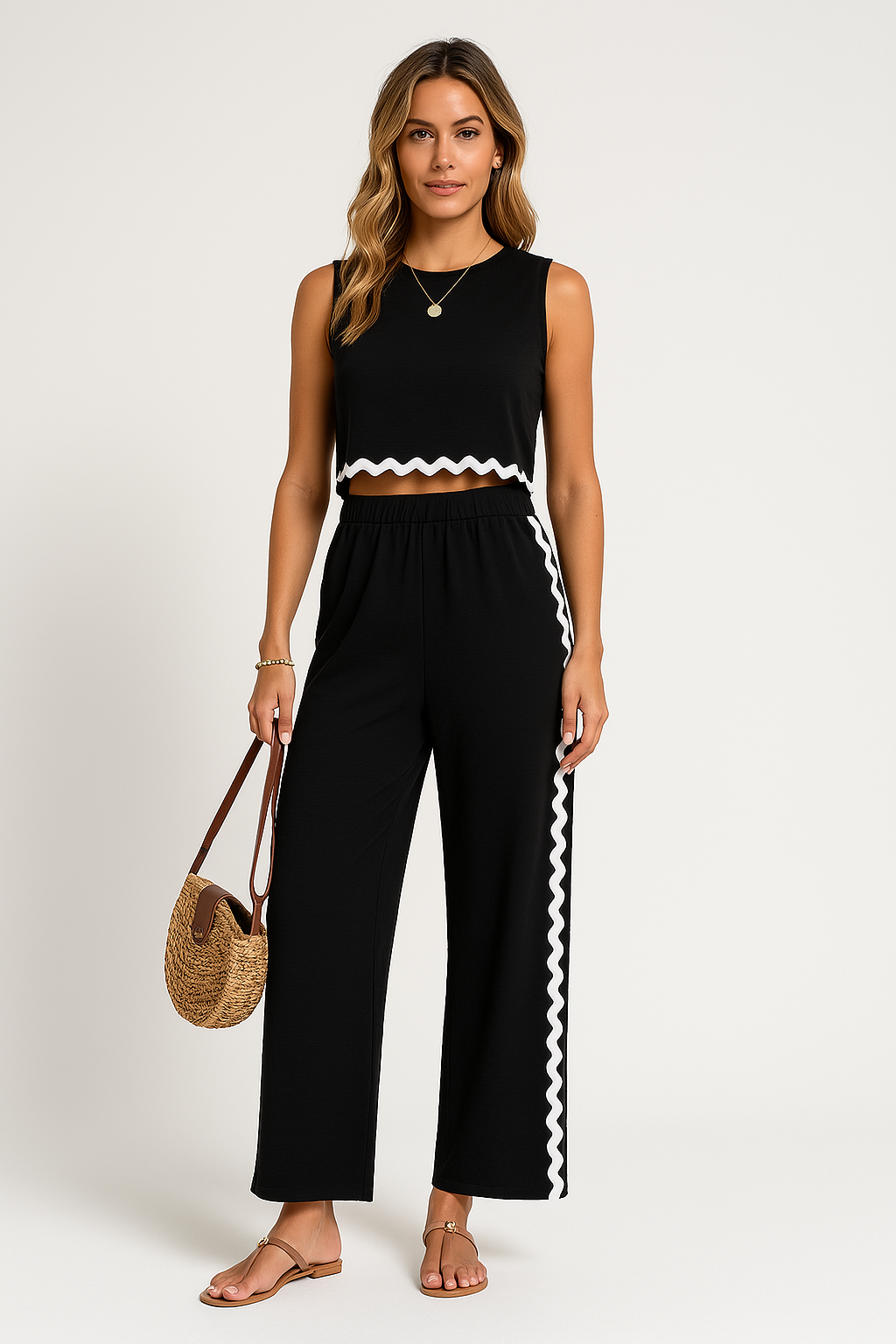 Ensemble Femme – Haut Court Sans Manches et Pantalon Long – Coupe Ample – Détails Contrastés
