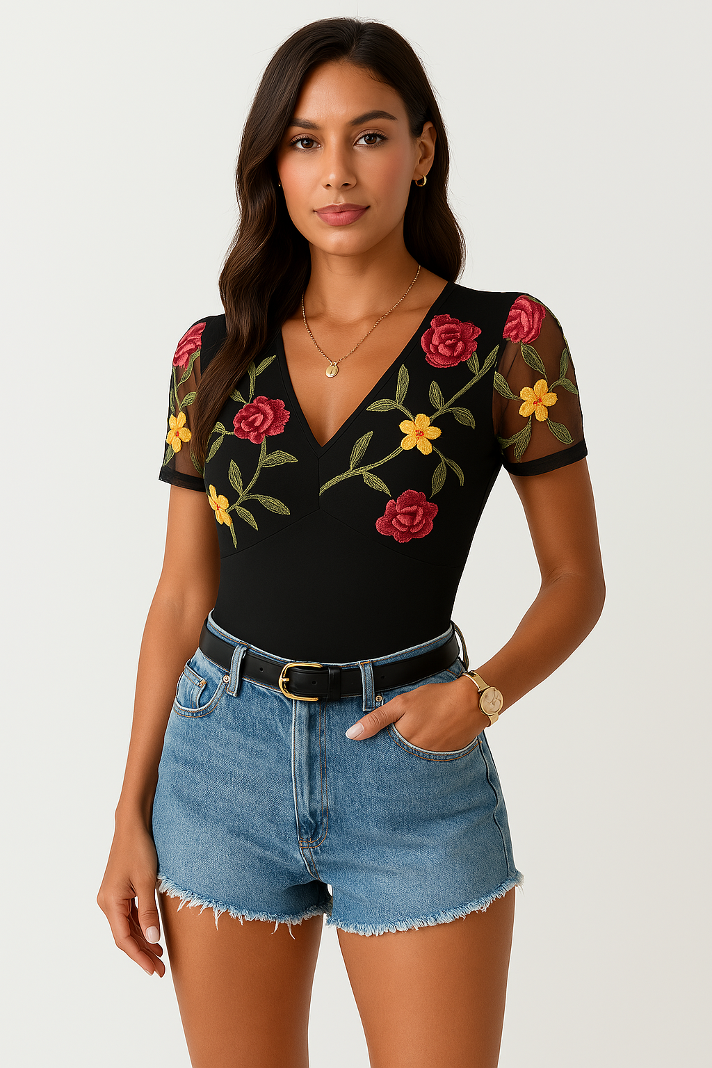 Body femme – Coupe ajustée – Manches courtes en tulle – Décolleté en V brodé
