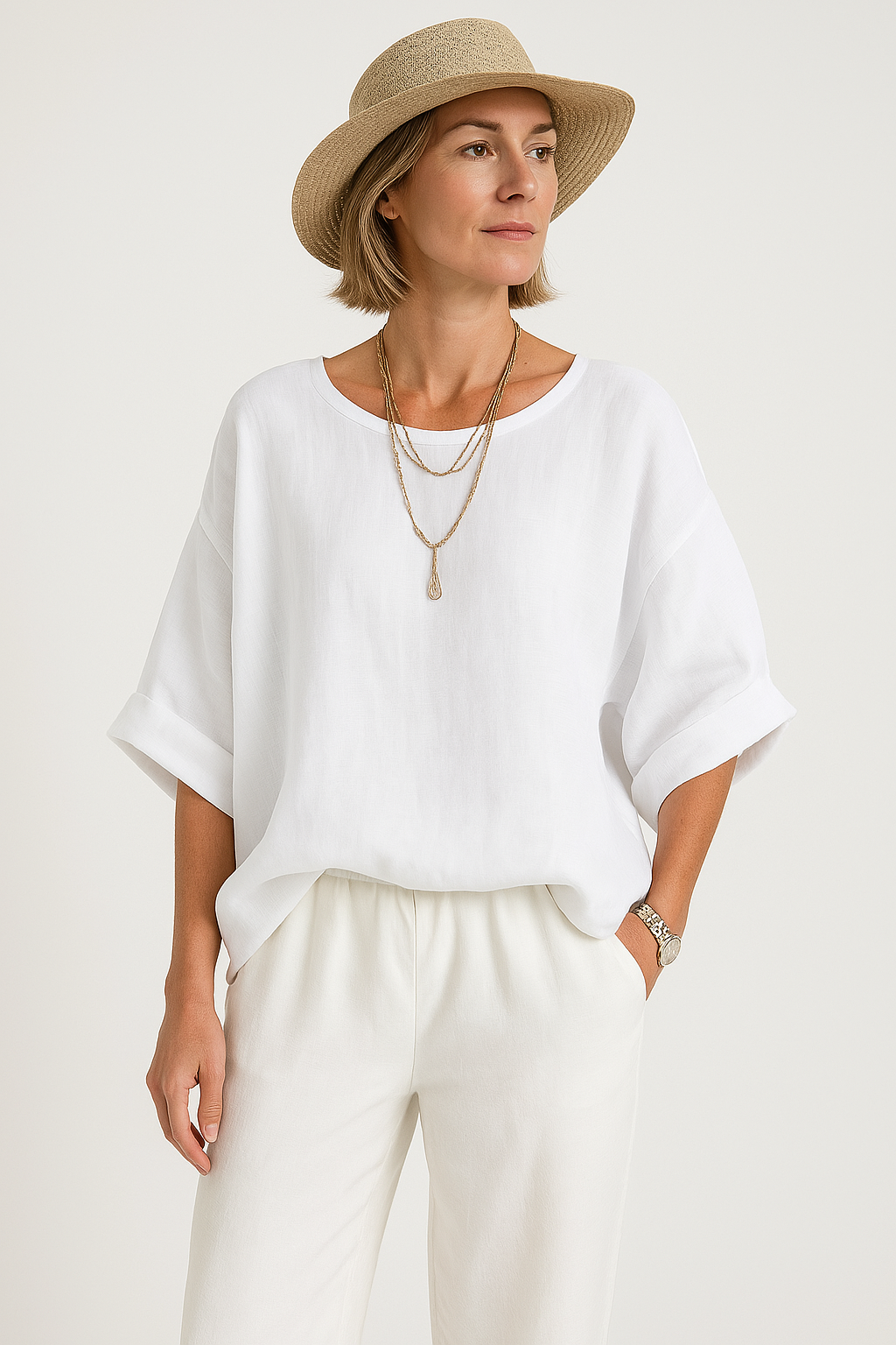 Blouse femme oversize – Col rond – Manches courtes larges – Coupe ample