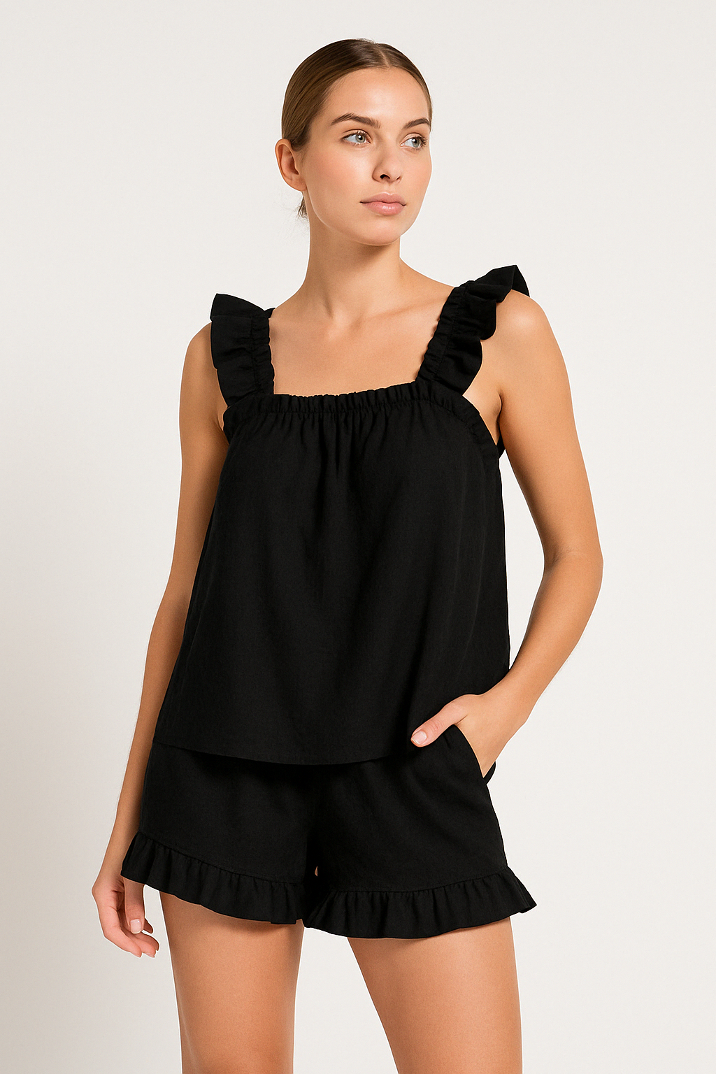 Ensemble Femme Haut Volants et Short – Sans Manches – Coupe Ample – Tissu Respirant