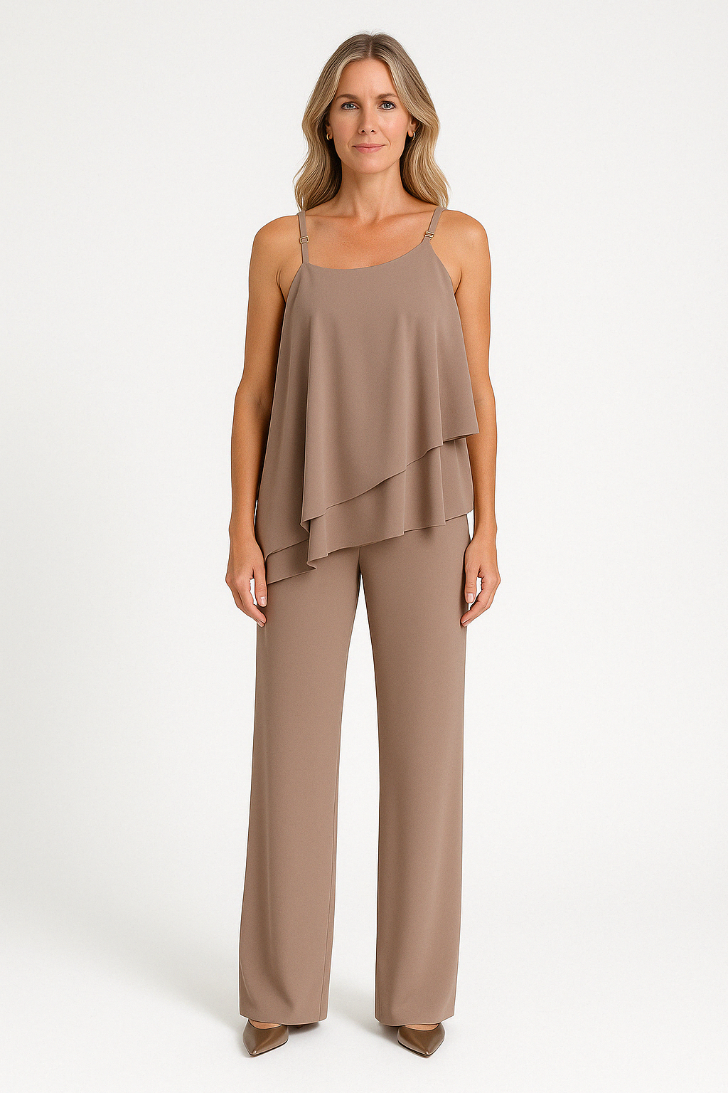 Ensemble Femme Deux Pièces – Haut Asymétrique Drapé Sans Manches – Pantalon Droit Ajusté