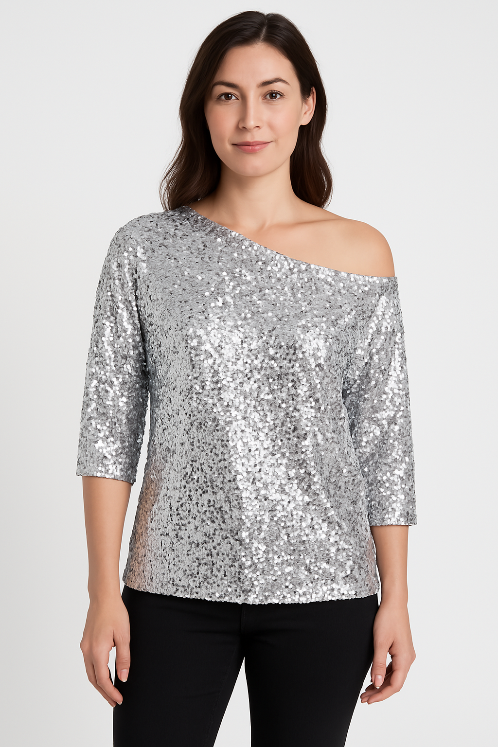 Top femme à paillettes – Coupe décontractée – Épaules dénudées – Manches mi-longues
