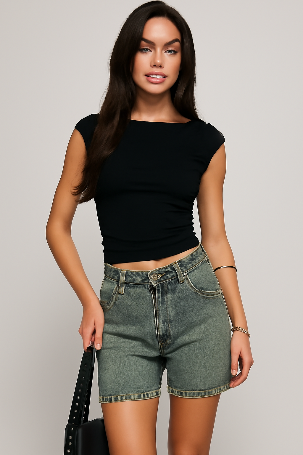 Short en jean femme – Coupe décontractée – Taille mi-haute – 5 poches – Longueur mi-cuisse