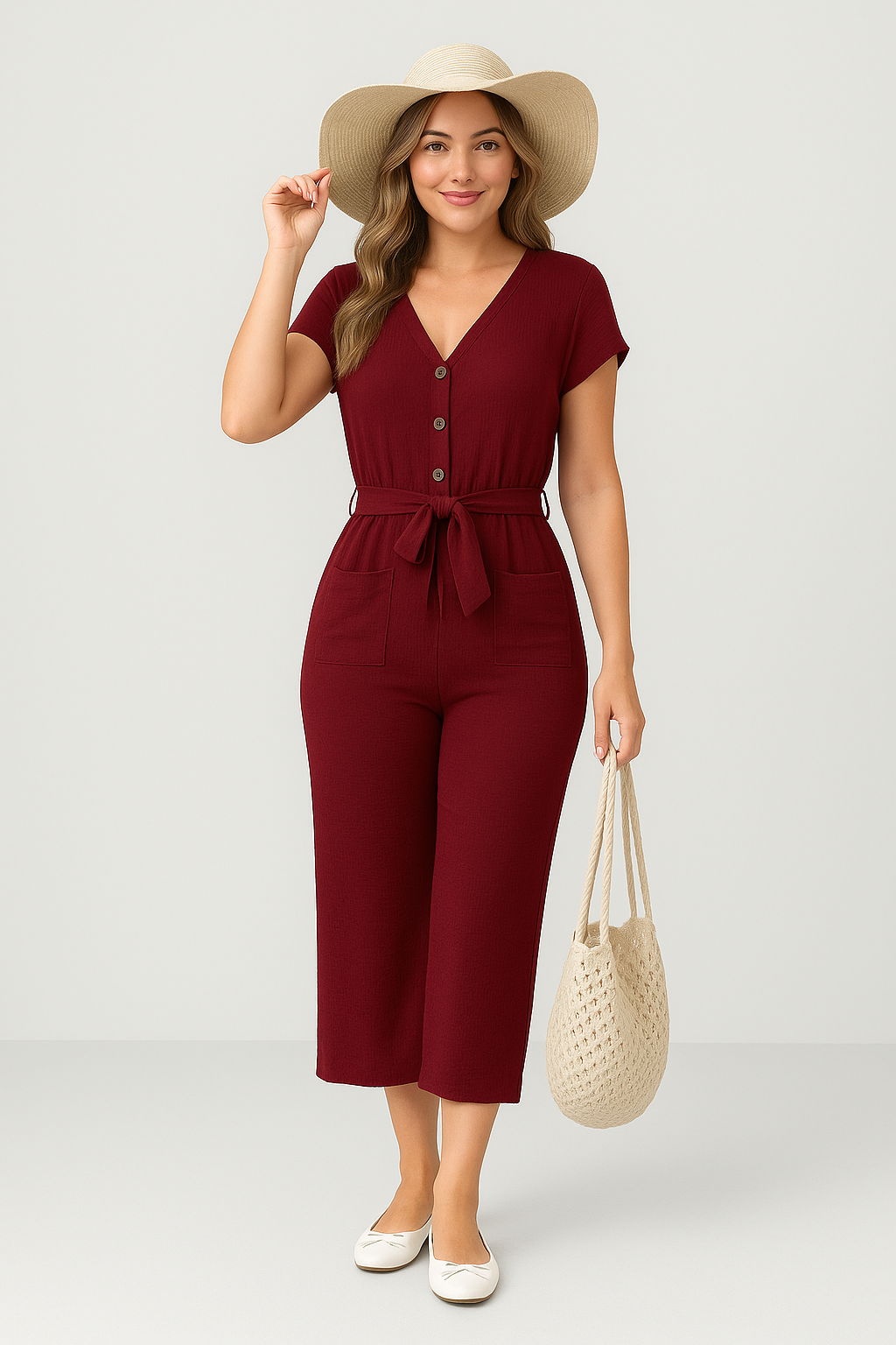 Combinaison Femme – Coton Léger – Coupe Ample – Manches Courtes – Ceinture – Boutonnée