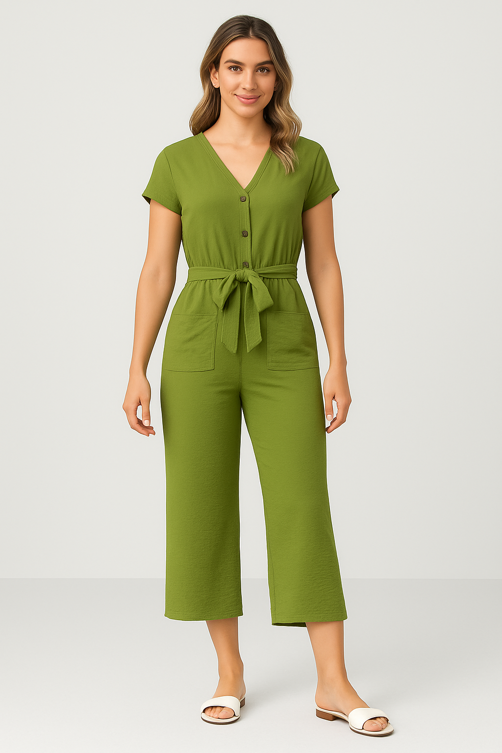 Combinaison Femme – Coton Léger – Coupe Ample – Manches Courtes – Ceinture – Boutonnée