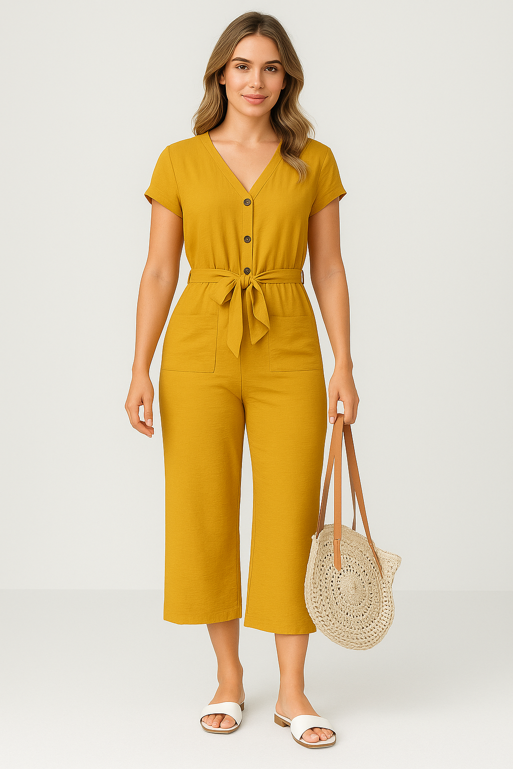 Combinaison Femme – Coton Léger – Coupe Ample – Manches Courtes – Ceinture – Boutonnée