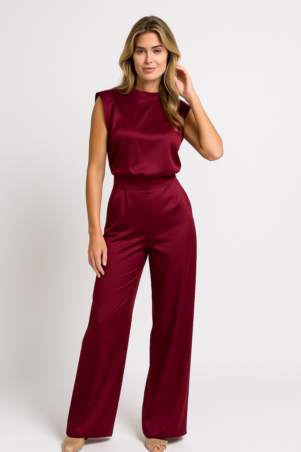 Combinaison Femme – Satin Fluide – Dos Nu – Jambe Large – Col Montant – Sans Manches