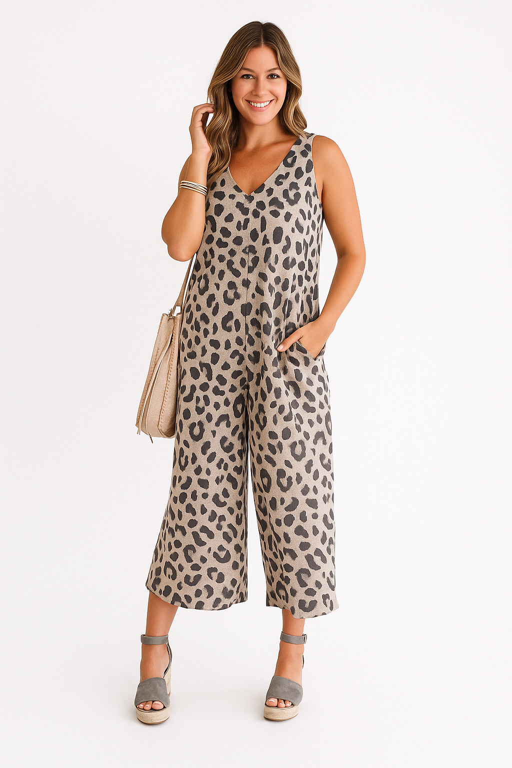 Combinaison Femme – Coupe Ample – Sans Manches – Imprimé Léopard – Tissu Respirant