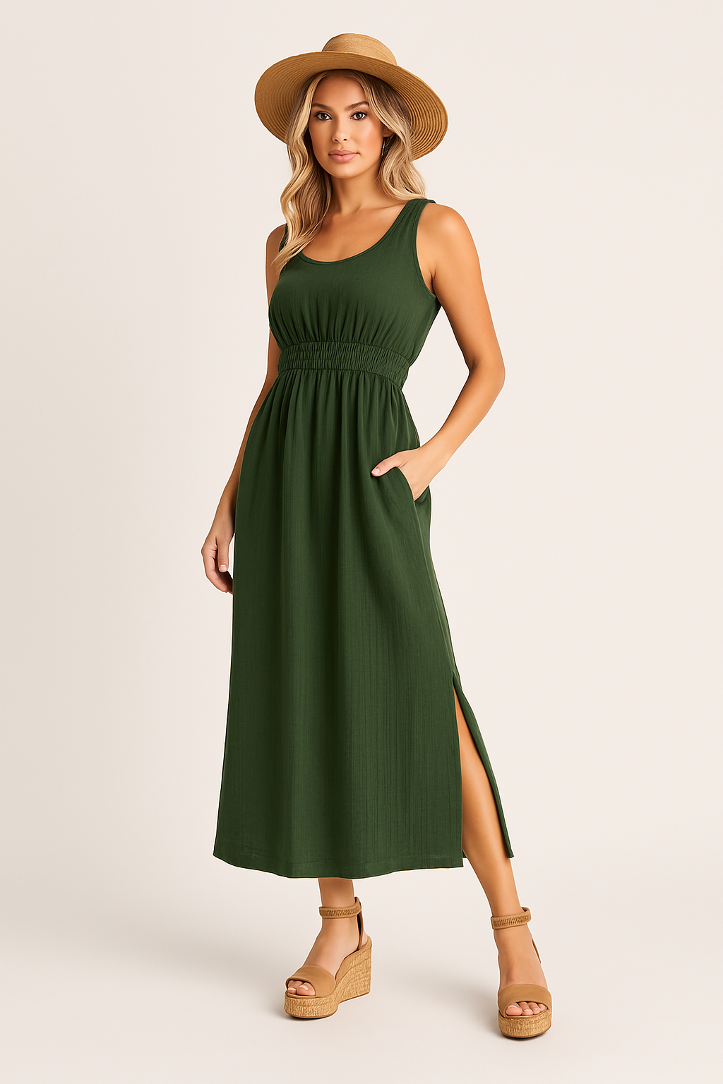 Robe Femme Sans Manches – Coupe Évasée – Tissu Respirant – Longueur Midi