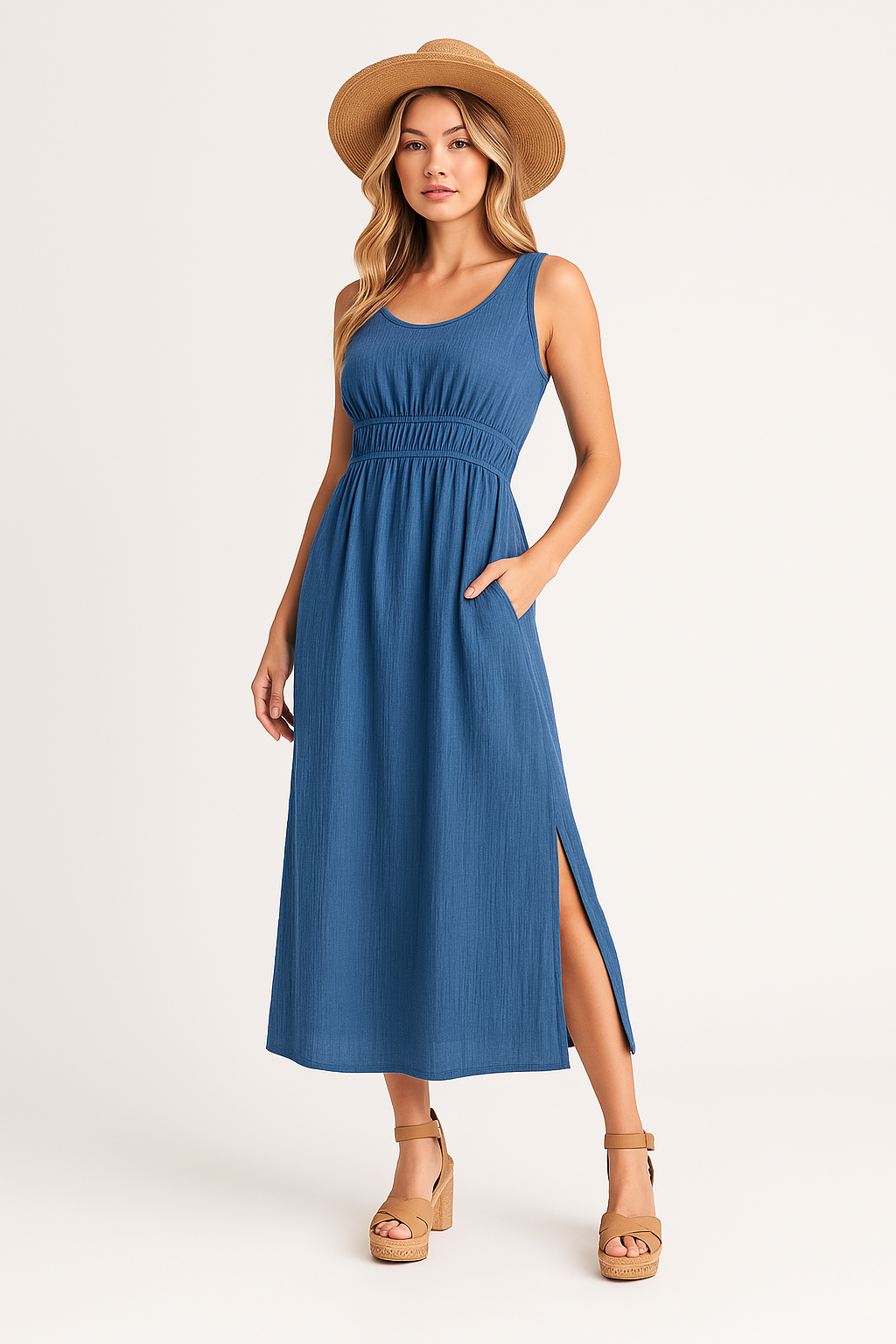 Robe Femme Sans Manches – Coupe Évasée – Tissu Respirant – Longueur Midi