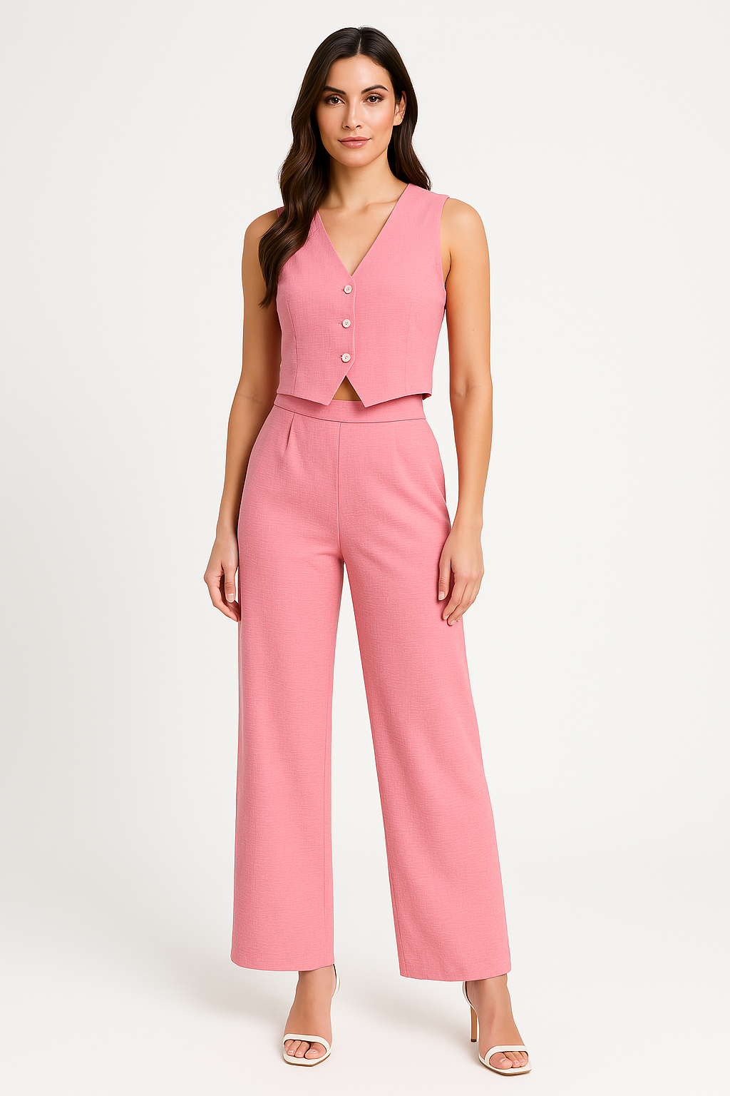 Gilet femme – Coupe slim – Court – Col en V – Boutonné – Tissu texturé structuré