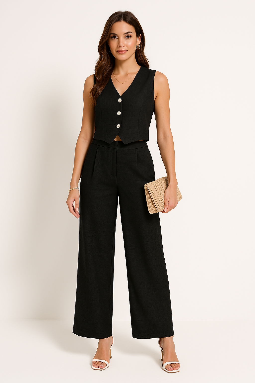 Gilet femme – Coupe slim – Court – Col en V – Boutonné – Tissu texturé structuré