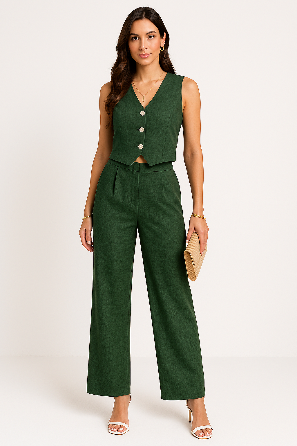 Gilet femme – Coupe slim – Court – Col en V – Boutonné – Tissu texturé structuré