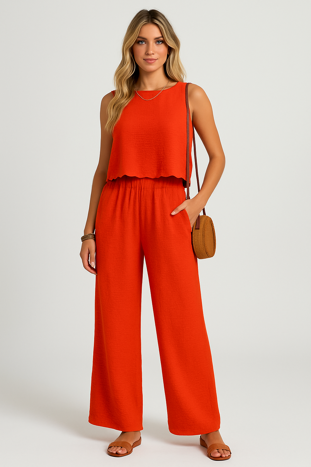 Ensemble Femme Débardeur Court et Pantalon Large – Tissu Léger – Coupe Décontractée