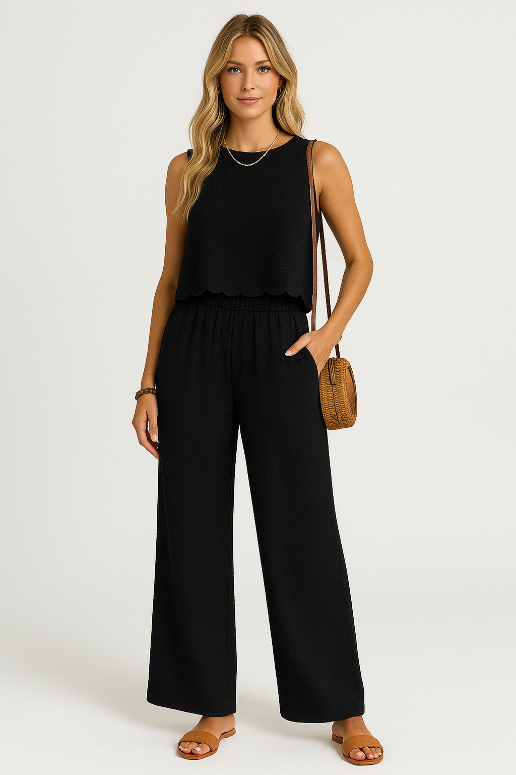 Ensemble Femme Débardeur Court et Pantalon Large – Tissu Léger – Coupe Décontractée