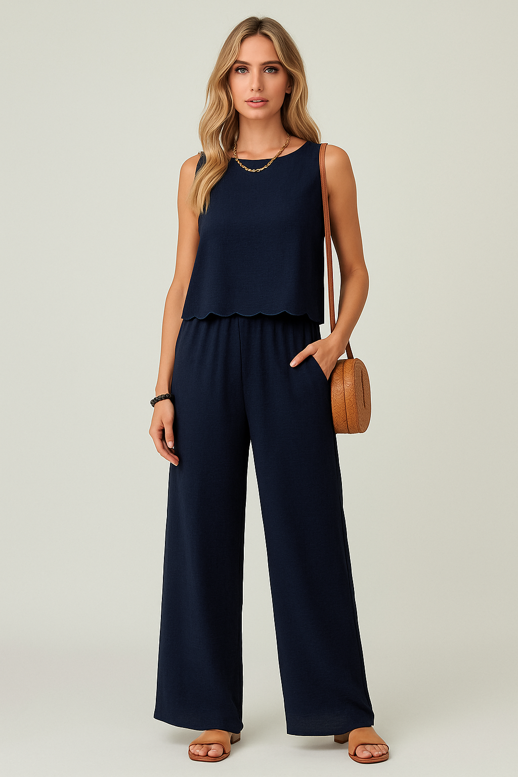 Ensemble Femme Débardeur Court et Pantalon Large – Tissu Léger – Coupe Décontractée
