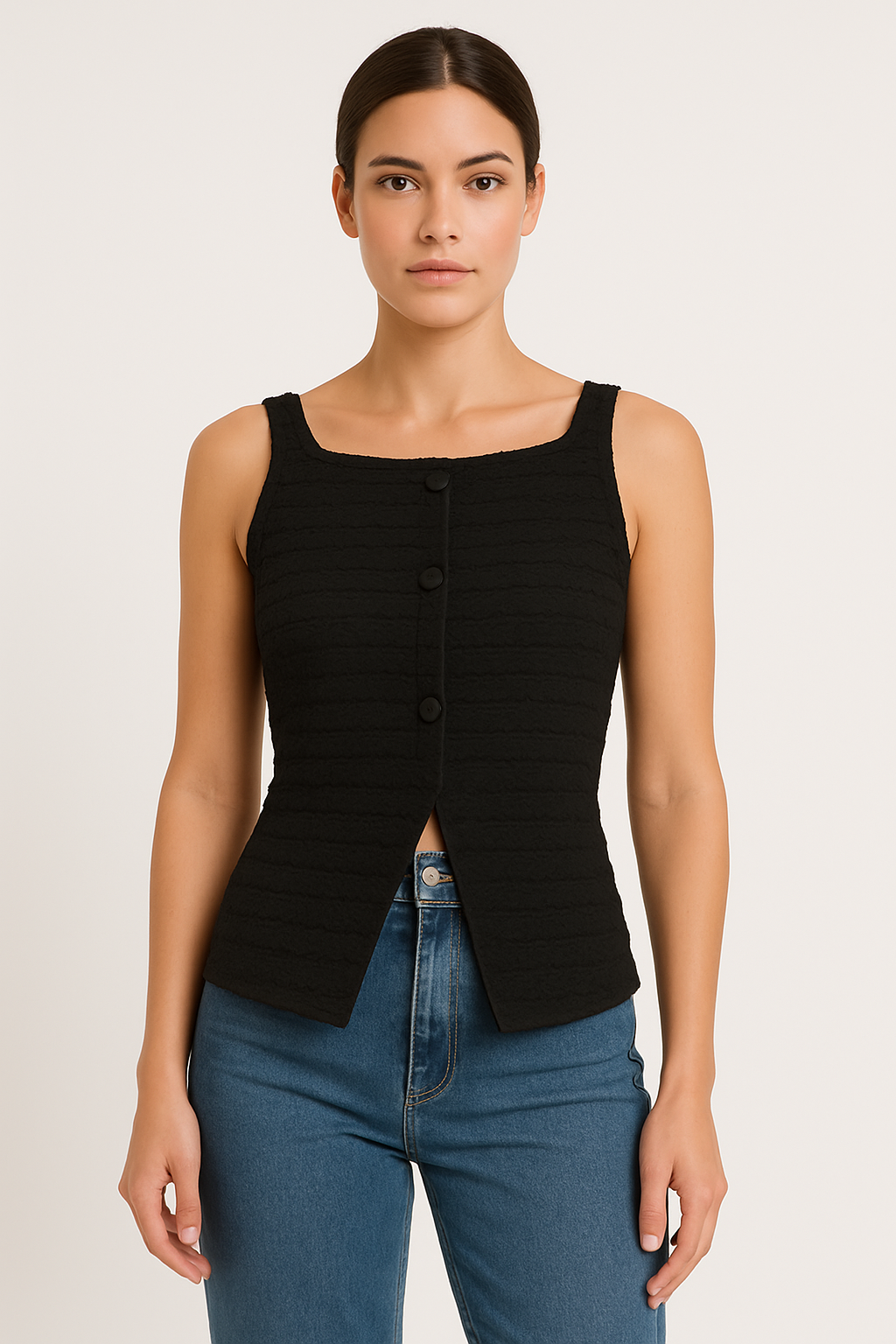 Débardeur femme – Coupe slim – Côtelé doux – Détail couture et boutons devant