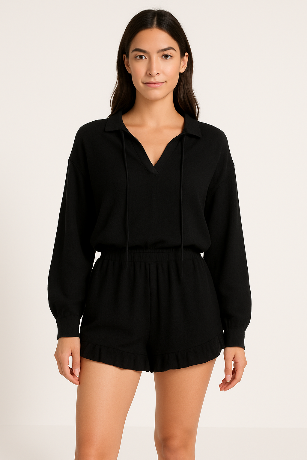 Ensemble Femme Deux Pièces – Haut Col V Manches Ballon – Short Ample Ourlet Volanté