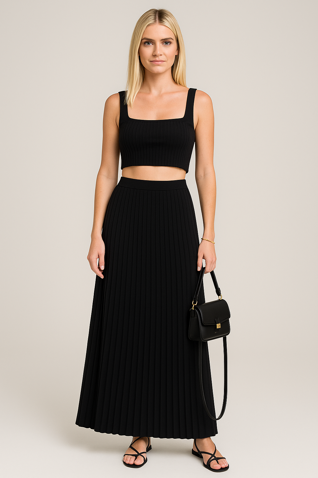 Ensemble Femme Débardeur Côtelé Court – Coupe Slim – Jupe Longue Plissée Fluide