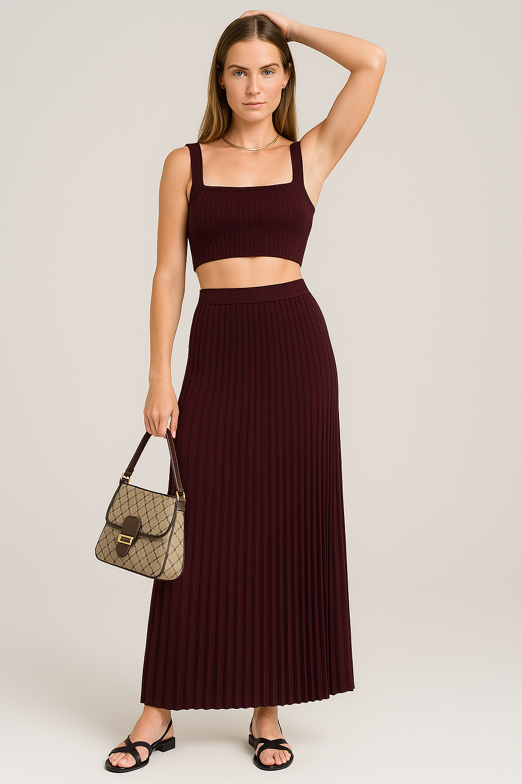 Ensemble Femme Débardeur Côtelé Court – Coupe Slim – Jupe Longue Plissée Fluide