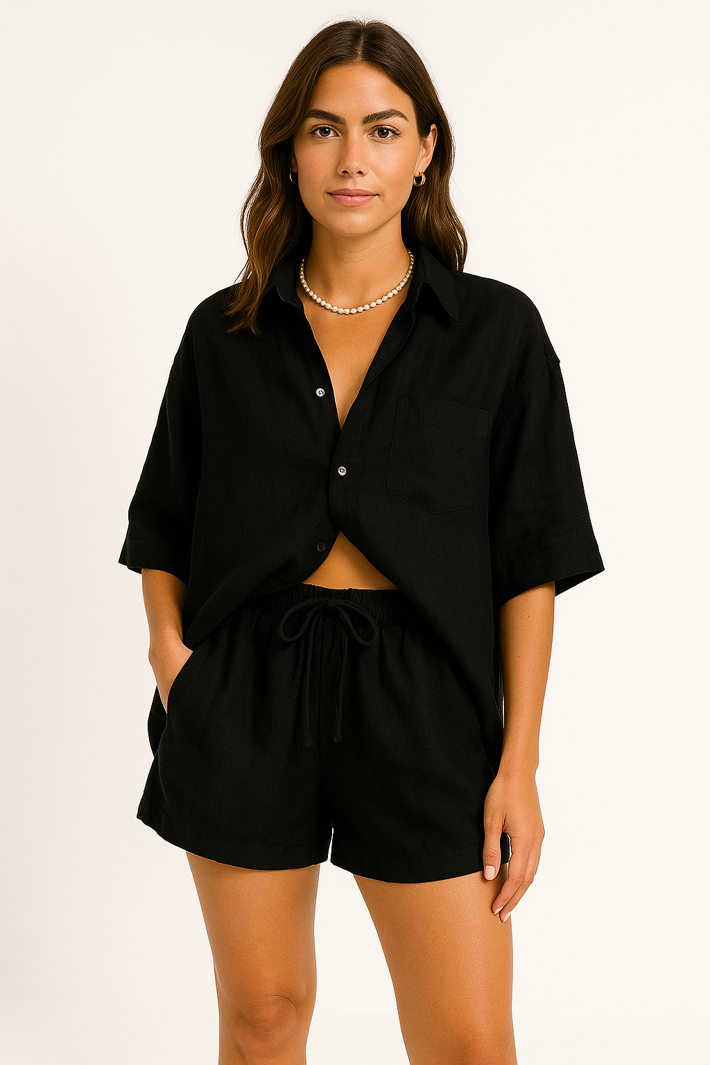 Ensemble Chemise et Short Femme – Coupe Ample – Lin Mélangé – Décontracté Respirant