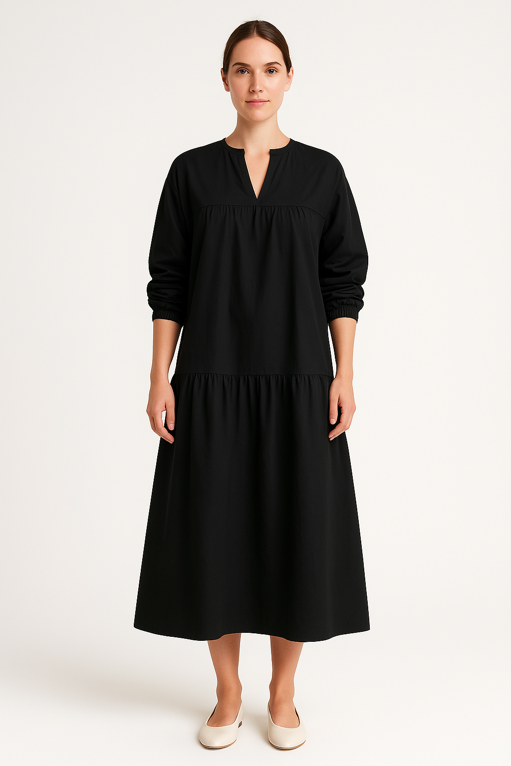 Robe longue femme – Coton lin – Coupe ample – Manches bouffantes – Col en V