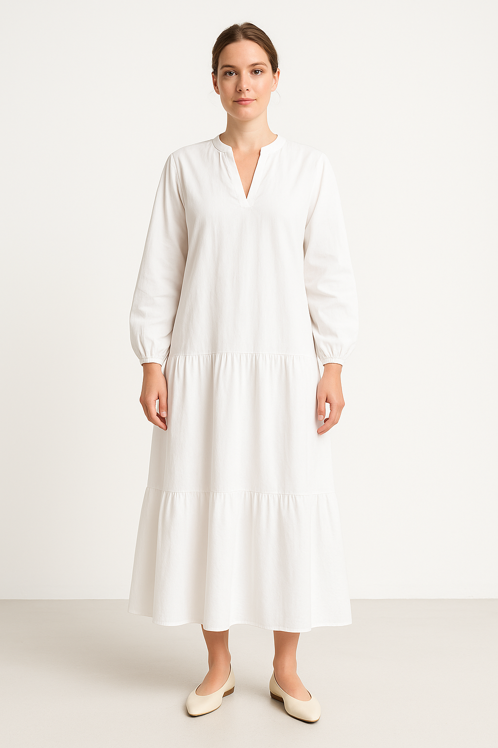 Robe longue femme – Coton lin – Coupe ample – Manches bouffantes – Col en V