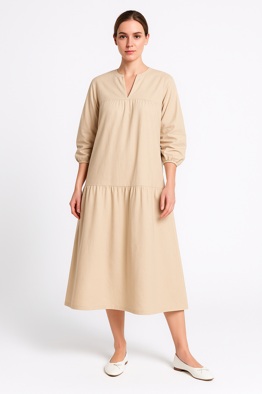 Robe longue femme – Coton lin – Coupe ample – Manches bouffantes – Col en V