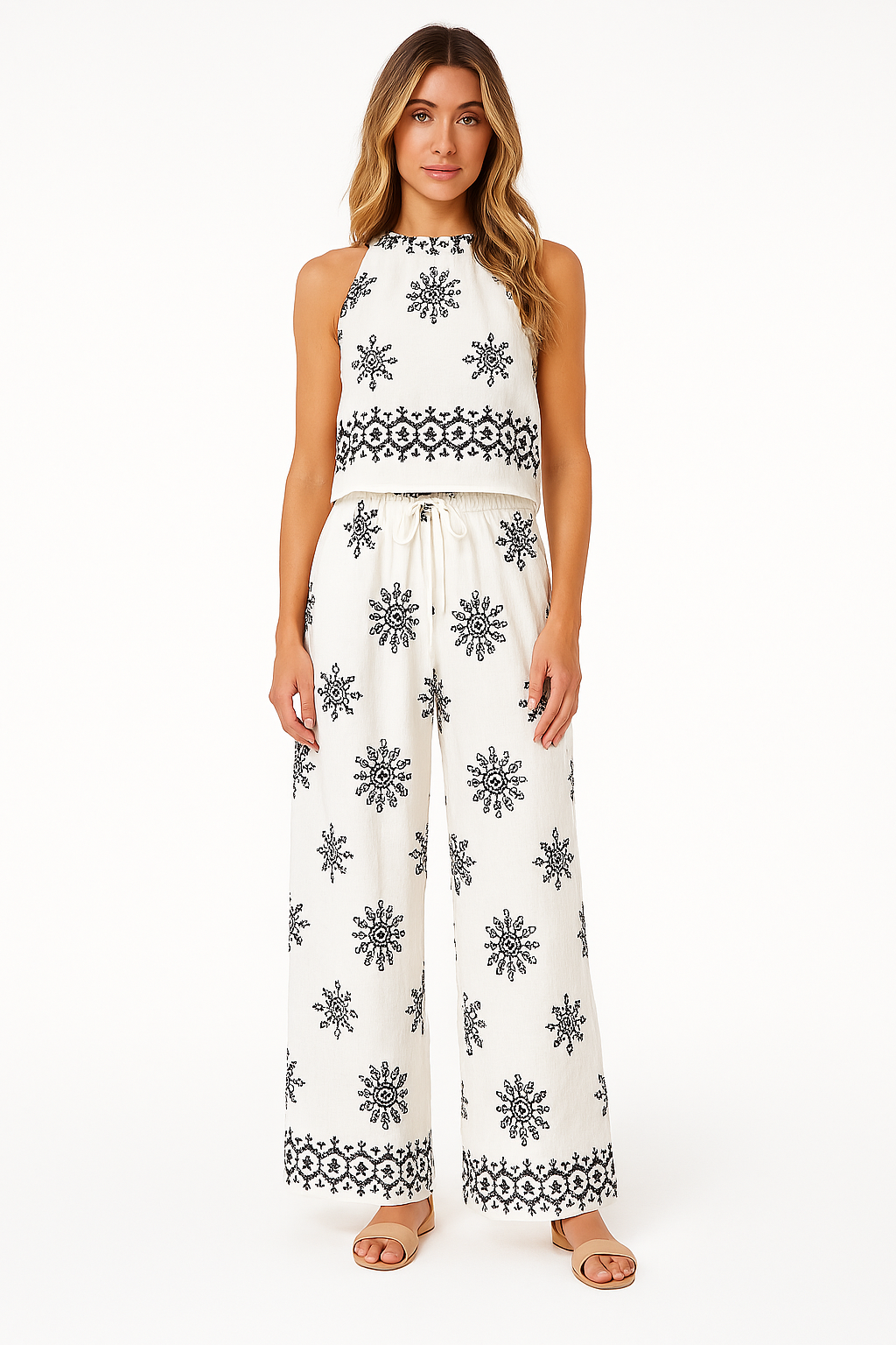 Ensemble Femme Deux Pièces – Haut Court Sans Manches Brodé – Pantalon Large Taille Haute