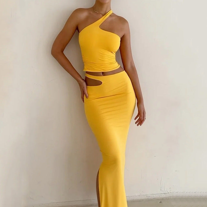 Ensemble Femme Deux Pièces – Coupe Slim – Top Asymétrique – Jupe Midi Découpe