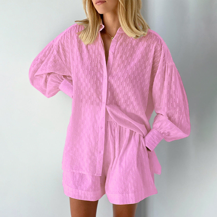 Ensemble Femme Blouse et Short – Jacquard Léger – Coupe Ample – Manches Bouffantes