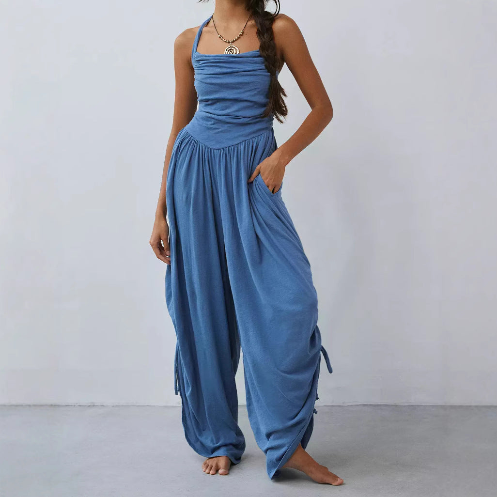 Combinaison Femme – Dos Nu – Coupe Large Fluide – Haut Froncé – Liens Réglables