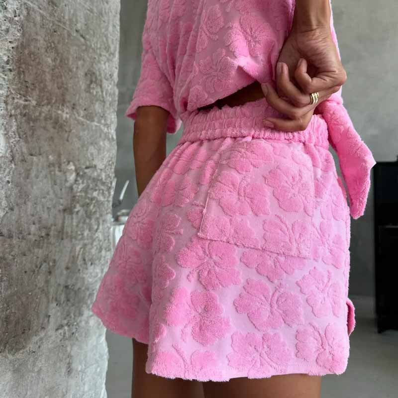 Pyjama Femme – Coupe Décontractée – Maille Jacquard – Chemise Boutonnée & Short Élastique